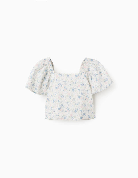 Floral Top with Butterfly Sleeves and Open Back for Girls, White