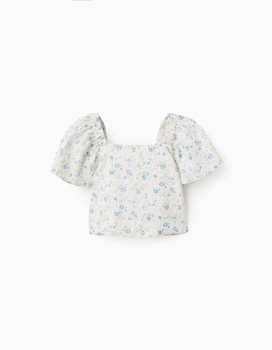 Floral Top with Butterfly Sleeves and Open Back for Girls, White
