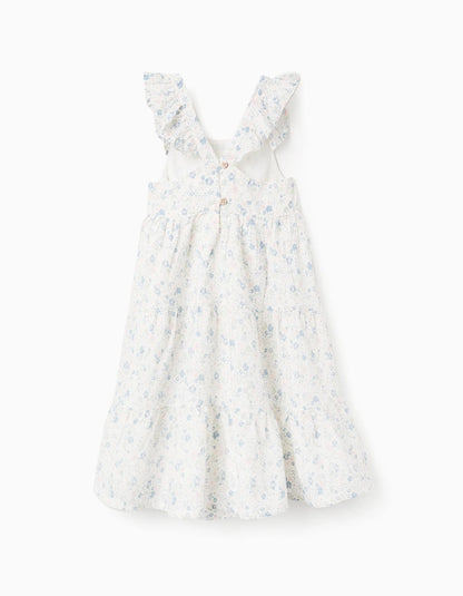 Floral Cotton Dress with Ruffles for Girls, White