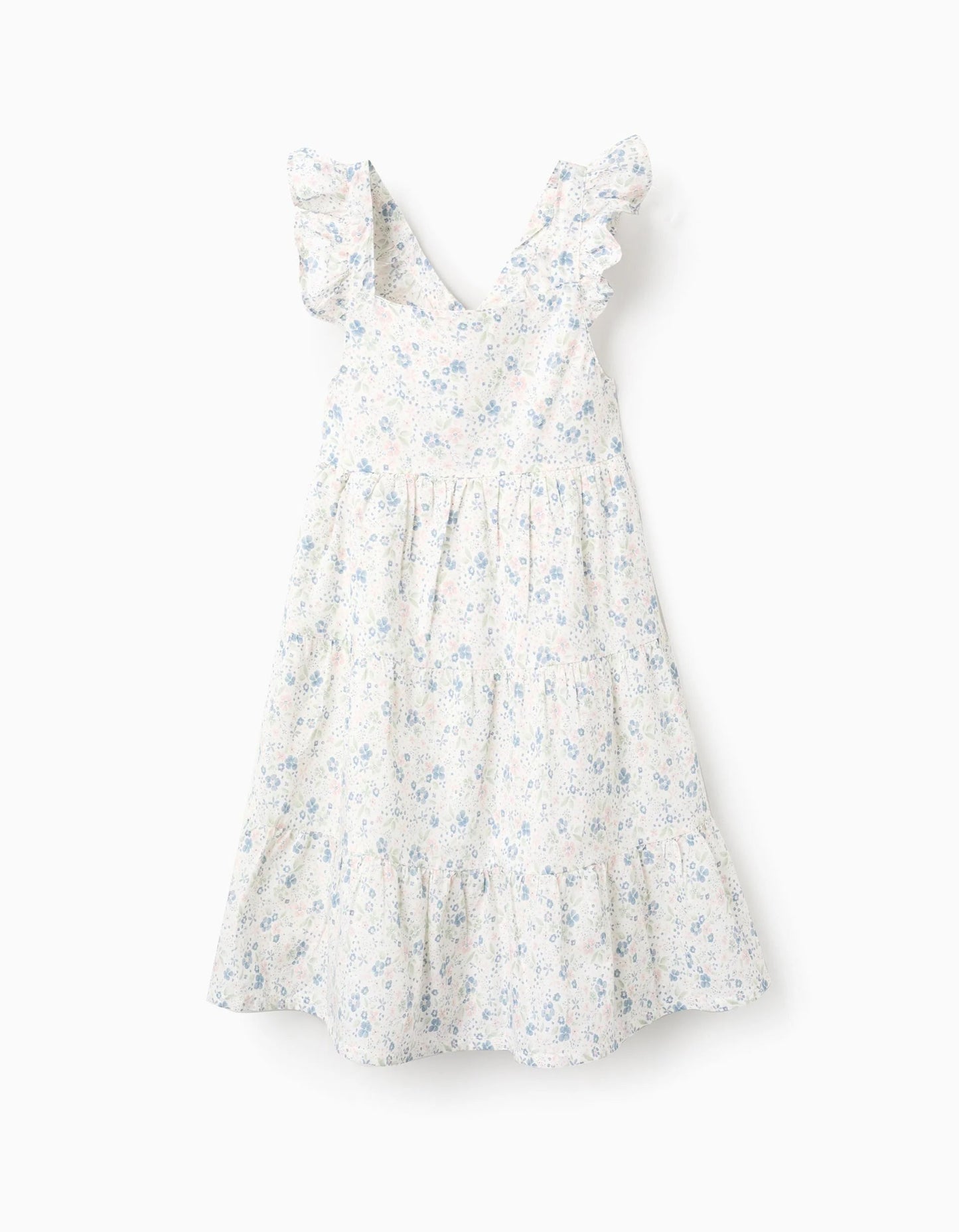 Floral Cotton Dress with Ruffles for Girls, White