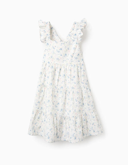 Floral Cotton Dress with Ruffles for Girls, White