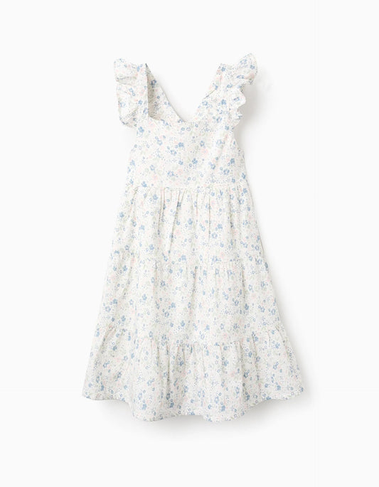 Floral Cotton Dress with Ruffles for Girls, White