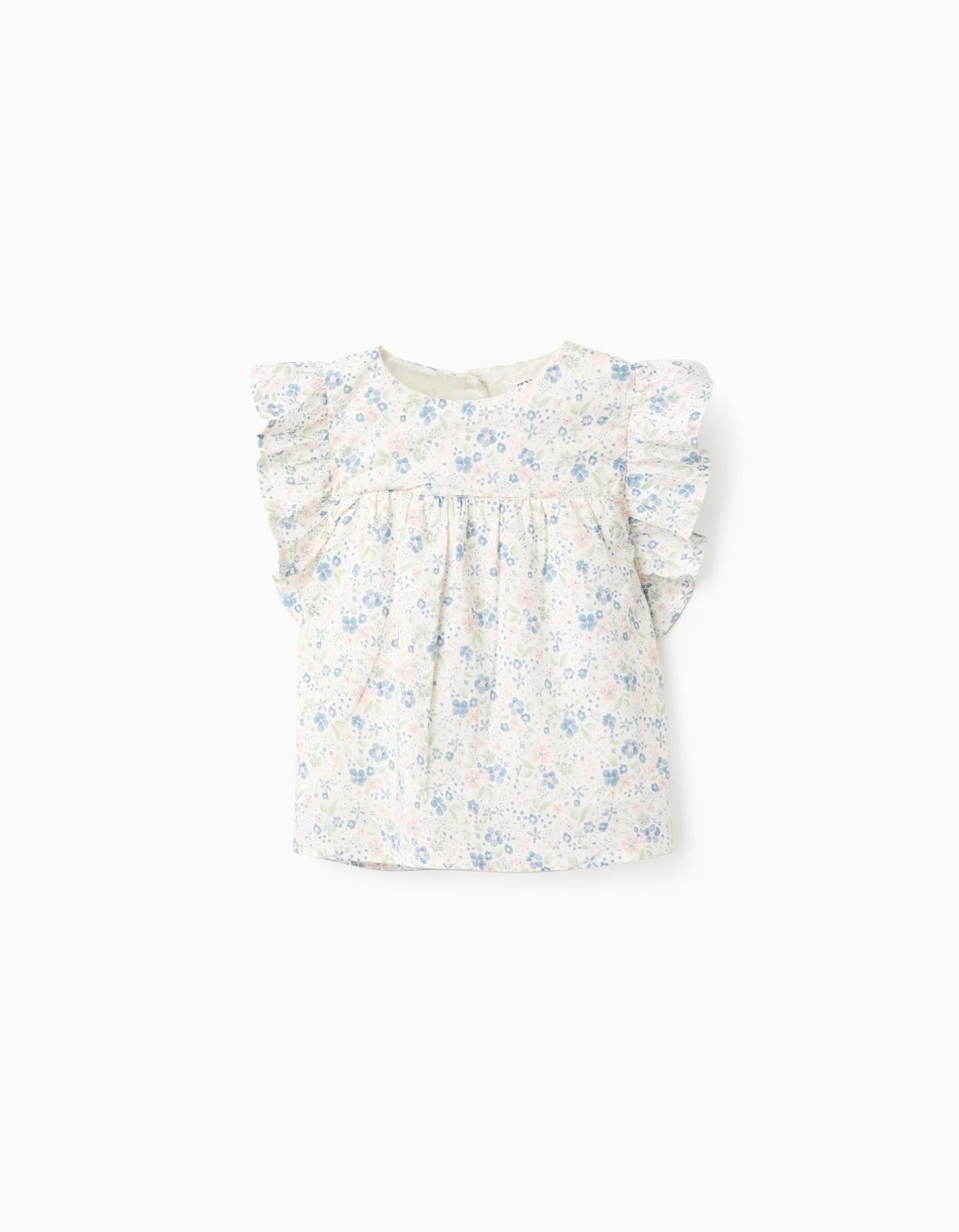 Floral Cotton Blouse with Ruffles for Girls, White/Blue/Pink/Green