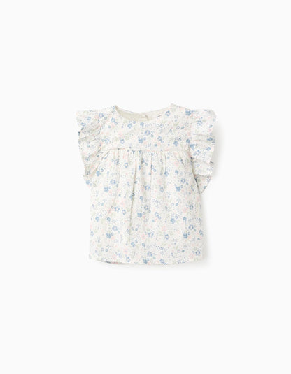 Floral Cotton Blouse with Ruffles for Girls, White/Blue/Pink/Green