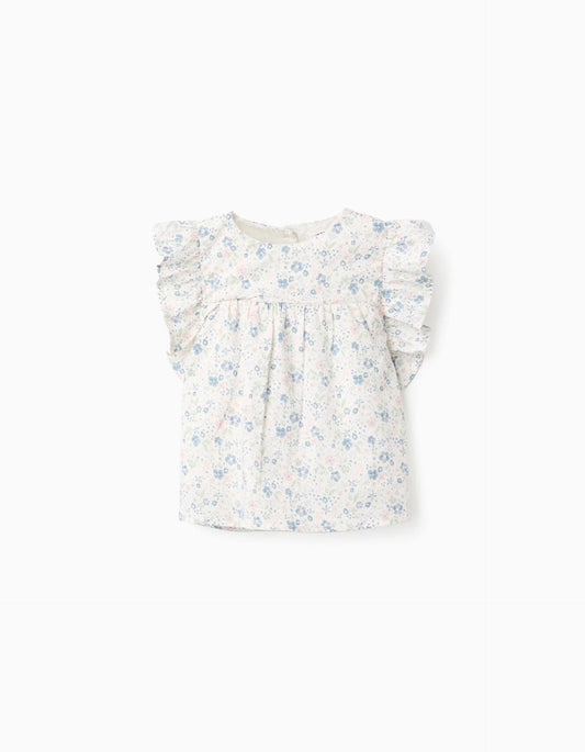 Floral Cotton Blouse with Ruffles for Girls, White/Blue/Pink/Green