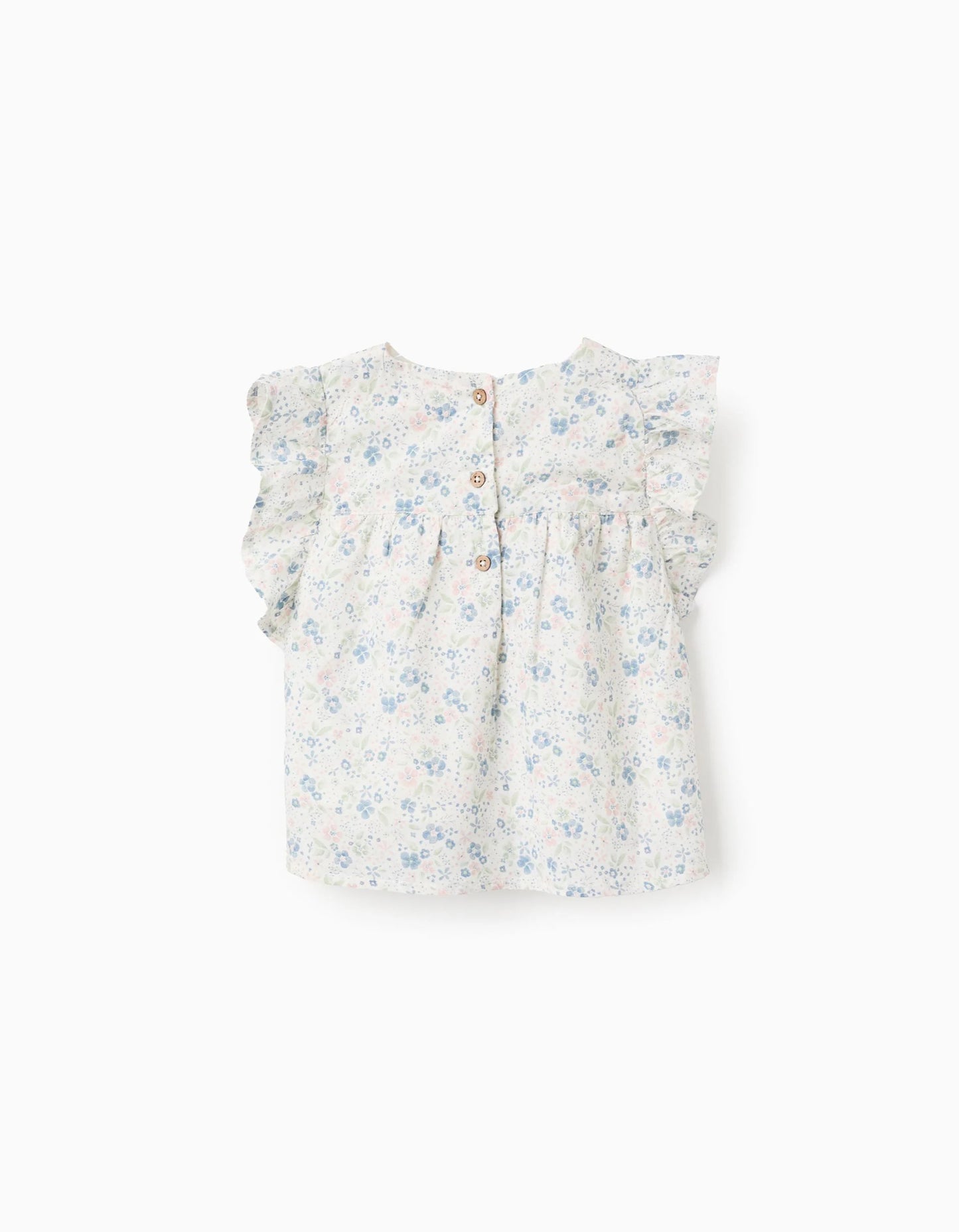 Floral Cotton Blouse with Ruffles for Girls, White/Blue/Pink/Green