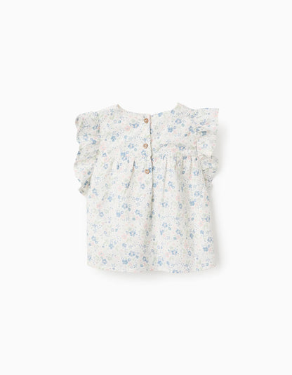 Floral Cotton Blouse with Ruffles for Girls, White/Blue/Pink/Green
