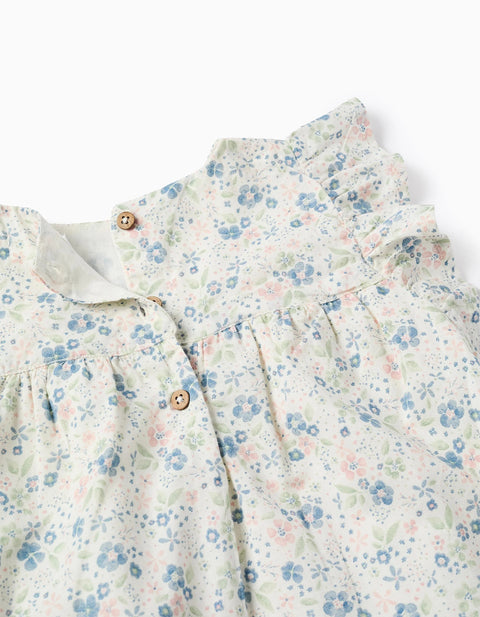 Floral Cotton Blouse with Ruffles for Girls, White/Blue/Pink/Green