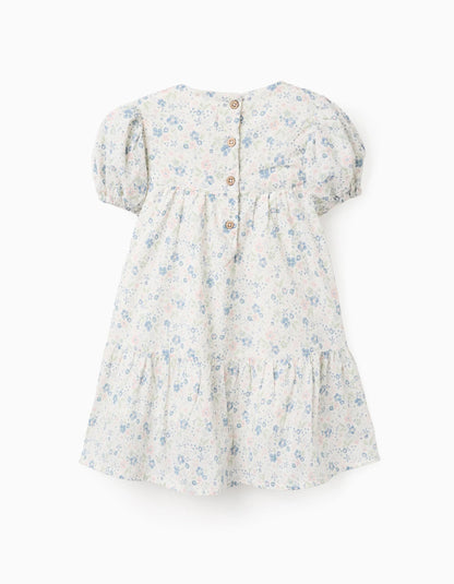 Cotton Floral Dress for Baby Girls, White/Blue/Pink/Green