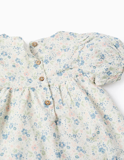 Cotton Floral Dress for Baby Girls, White/Blue/Pink/Green