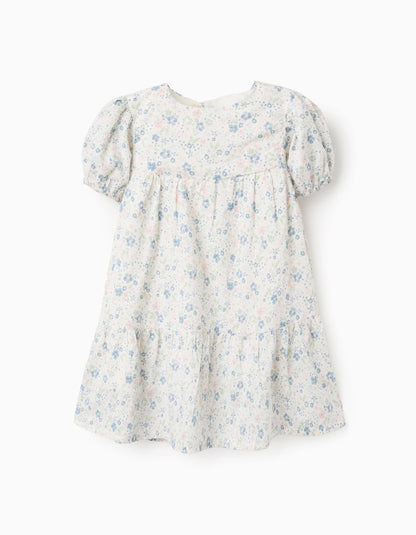 Cotton Floral Dress for Baby Girls, White/Blue/Pink/Green