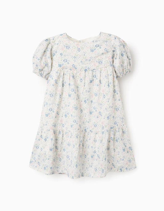 Cotton Floral Dress for Baby Girls, White/Blue/Pink/Green