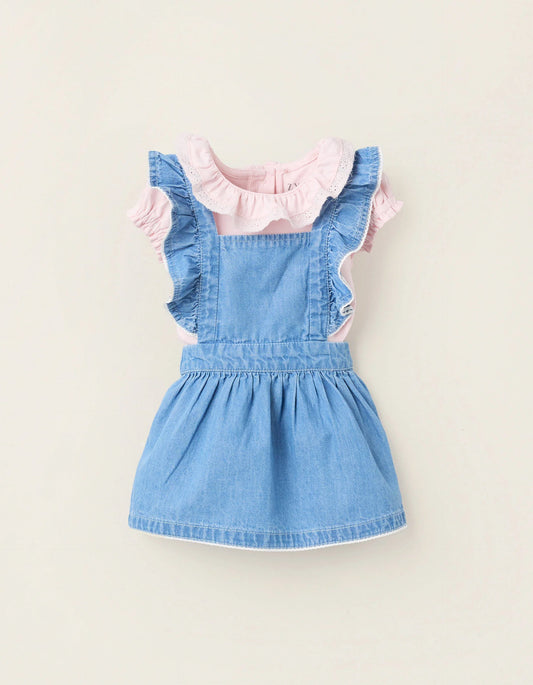 Body + Pinafore Dress with Frills for Newborn Girls, Pink/Blue