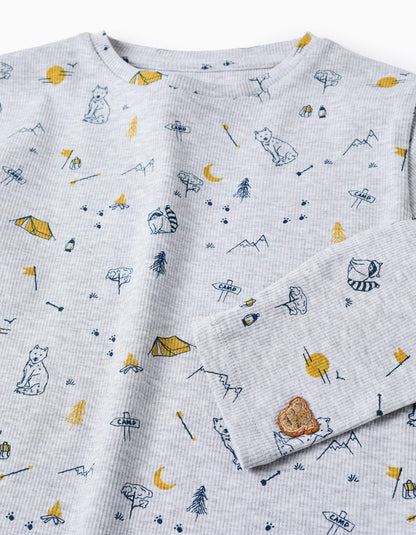 Ribbed Pyjama with Forest Animal Pattern for Boys, Grey