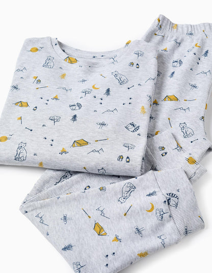 Ribbed Pyjama with Forest Animal Pattern for Boys, Grey