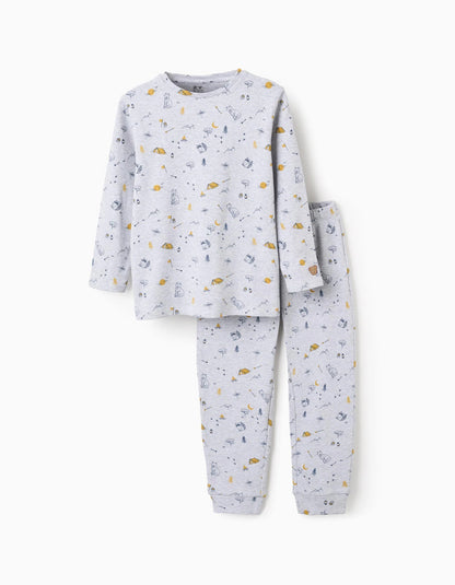 Ribbed Pyjama with Forest Animal Pattern for Boys, Grey