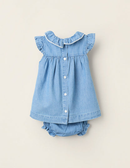 Dress + Bloomers in Denim with Ruffles for Newborn Girls, Blue