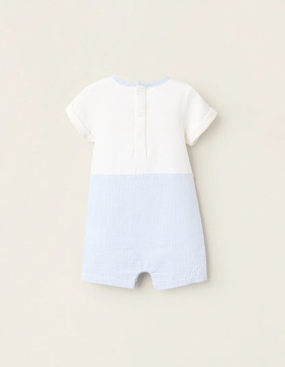 Striped Dual-Fabric Romper for Newborns, White/Blue