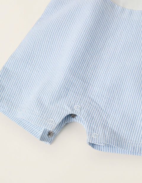 Striped Dual-Fabric Romper for Newborns, White/Blue
