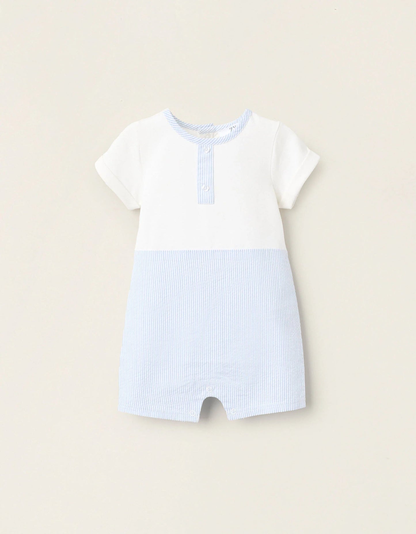 Striped Dual-Fabric Romper for Newborns, White/Blue
