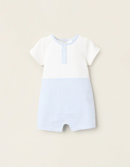 Striped Dual-Fabric Romper for Newborns, White/Blue