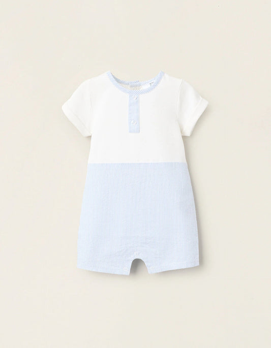 Striped Dual-Fabric Romper for Newborns, White/Blue