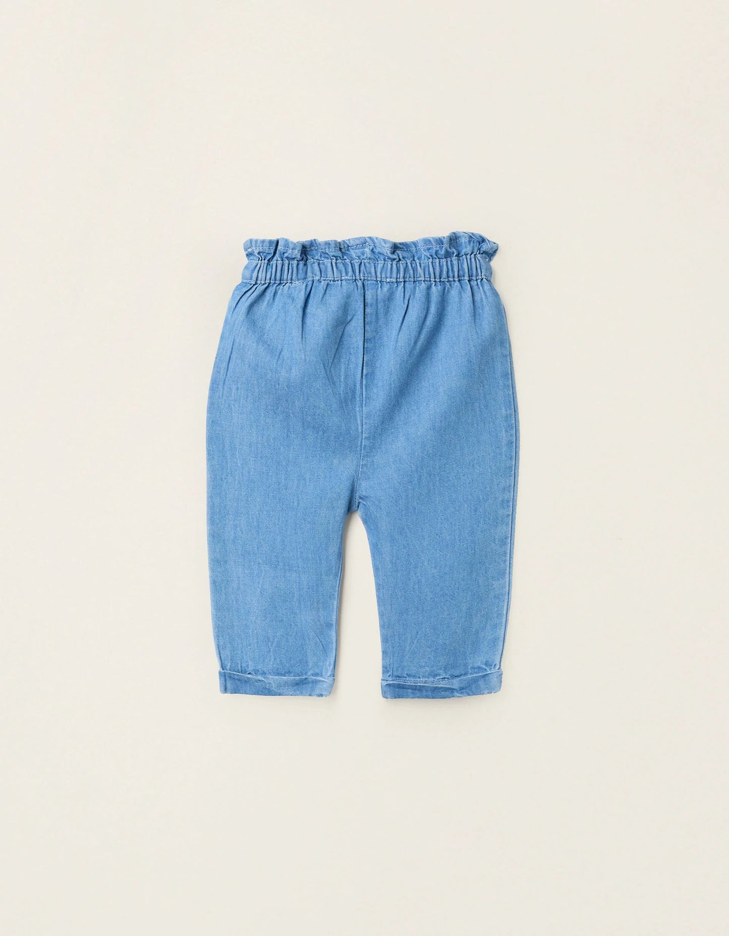 Light Cotton Denim Trousers with Bow for Newborn Girls, Blue