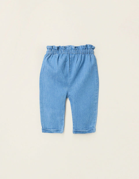 Light Cotton Denim Trousers with Bow for Newborn Girls, Blue