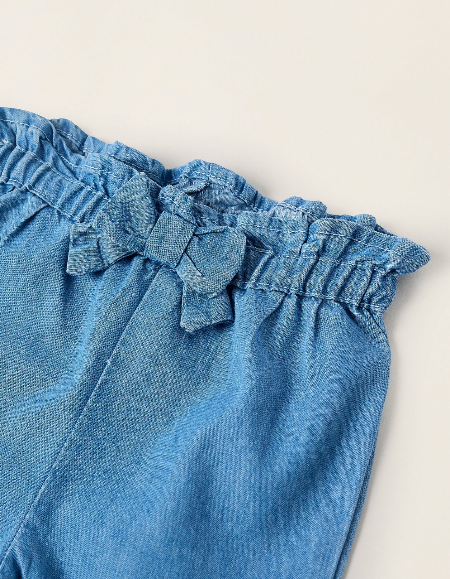 Light Cotton Denim Trousers with Bow for Newborn Girls, Blue