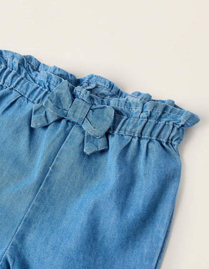 Light Cotton Denim Trousers with Bow for Newborn Girls, Blue