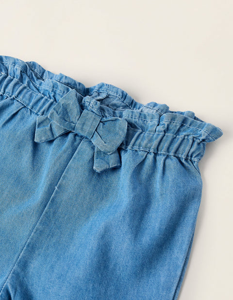 Light Cotton Denim Trousers with Bow for Newborn Girls, Blue
