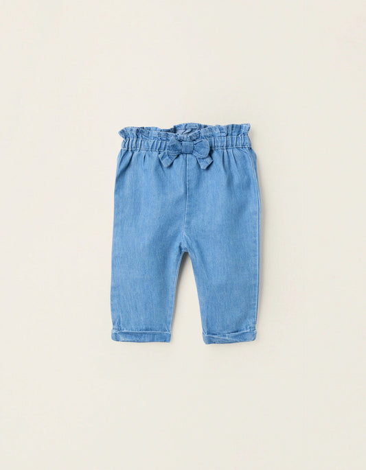 Light Cotton Denim Trousers with Bow for Newborn Girls, Blue