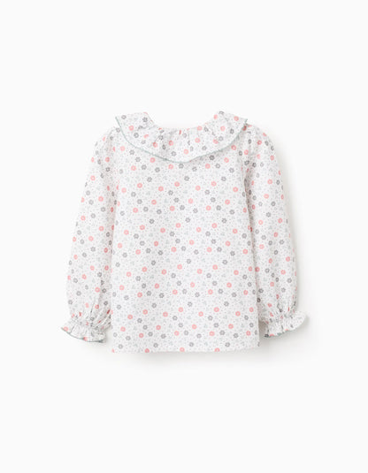 Floral Cotton Shirt for Girls, White/Pink/Green