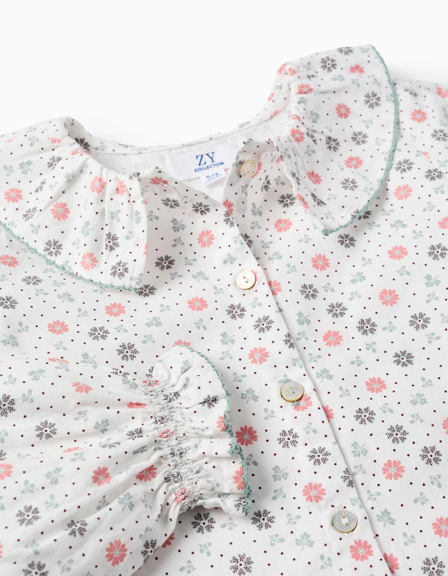 Floral Cotton Shirt for Girls, White/Pink/Green