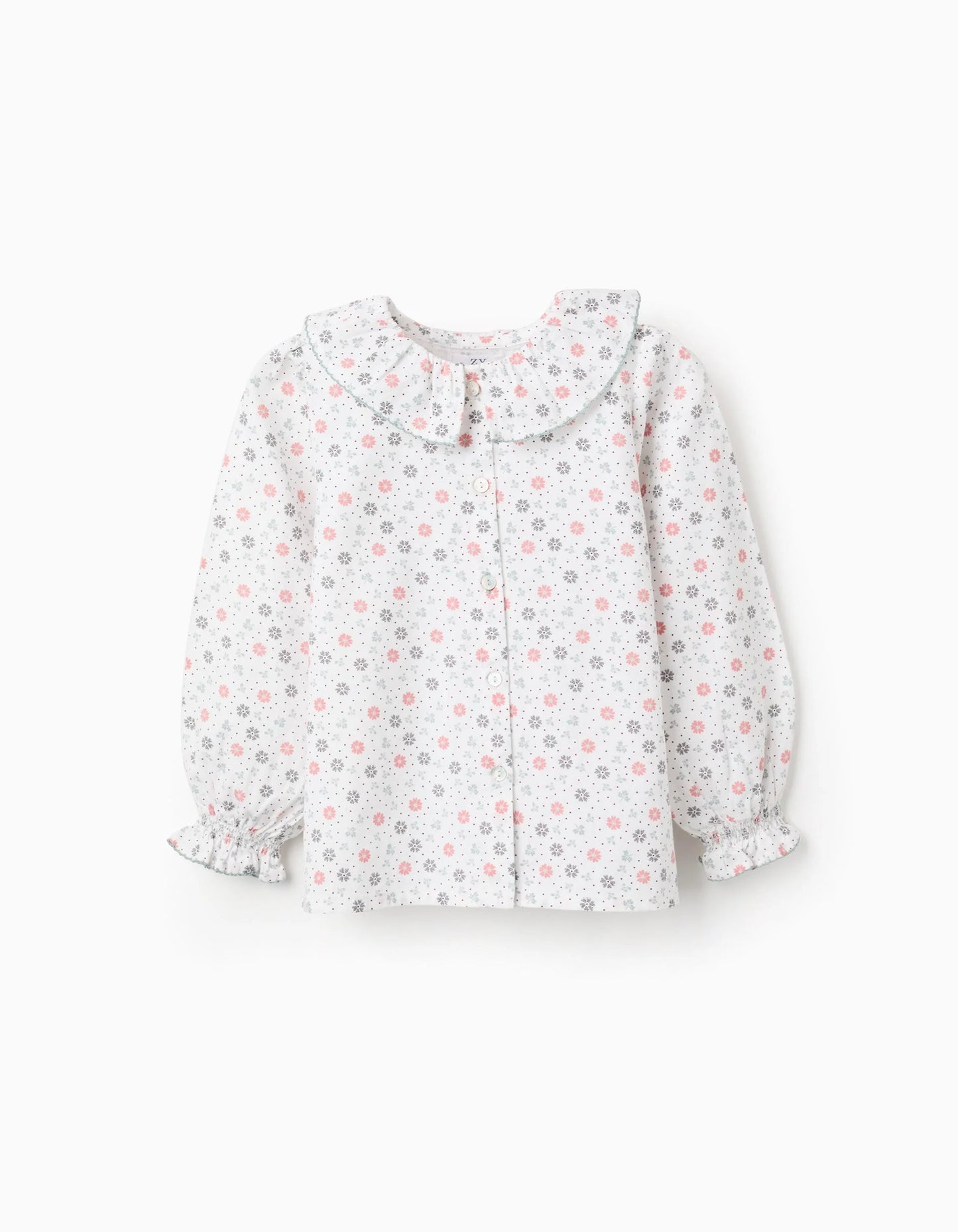 Floral Cotton Shirt for Girls, White/Pink/Green