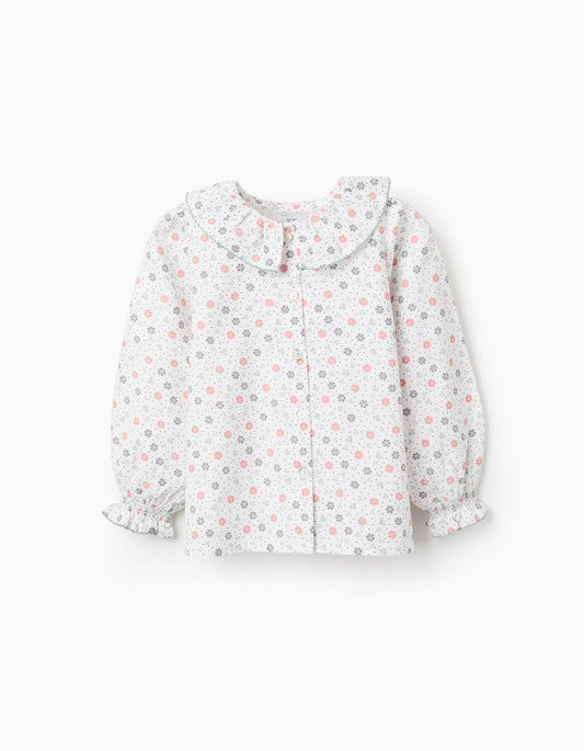 Floral Cotton Shirt for Girls, White/Pink/Green