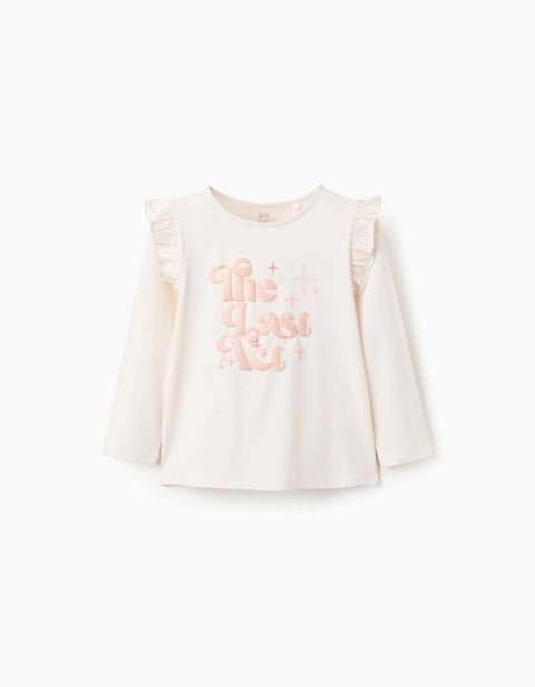 Long Sleeve T-Shirt with Embossed Print and Ruffles for Girls, Beige