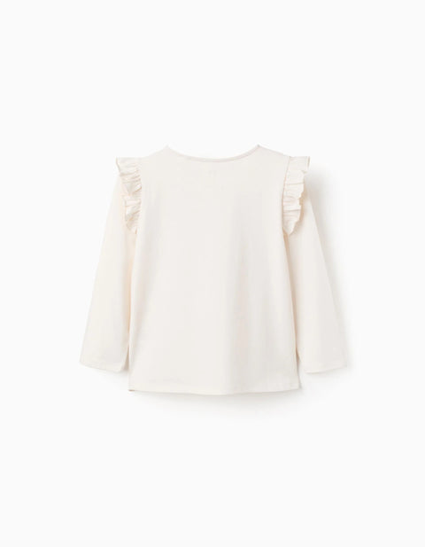 Long Sleeve T-Shirt with Embossed Print and Ruffles for Girls, Beige