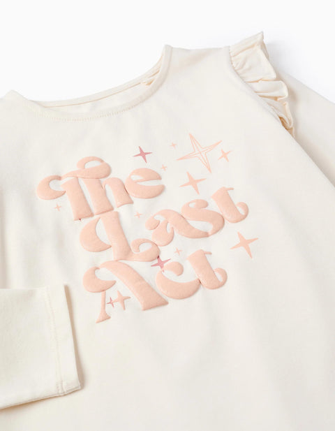 Long Sleeve T-Shirt with Embossed Print and Ruffles for Girls, Beige