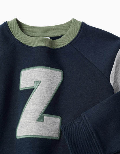 Brushed Sweatshirt with 'Z' Embroidery for Boys, Dark Blue/Green/Grey