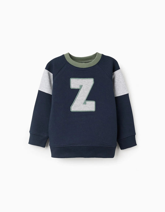Brushed Sweatshirt with 'Z' Embroidery for Boys, Dark Blue/Green/Grey
