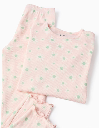 Ribbed Pyjama with Floral Pattern for Girls, Pink/White/Green