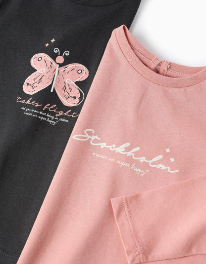 Pack of 2 Long Sleeve T-shirts for Baby Girls, Pink/Grey