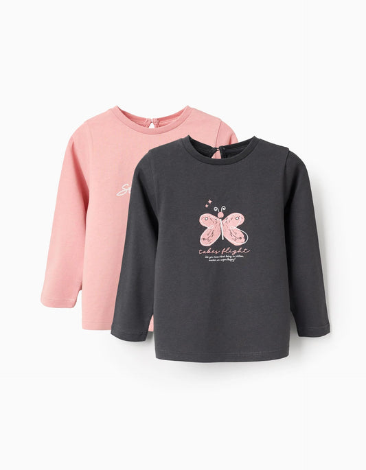 Pack of 2 Long Sleeve T-shirts for Baby Girls, Pink/Grey