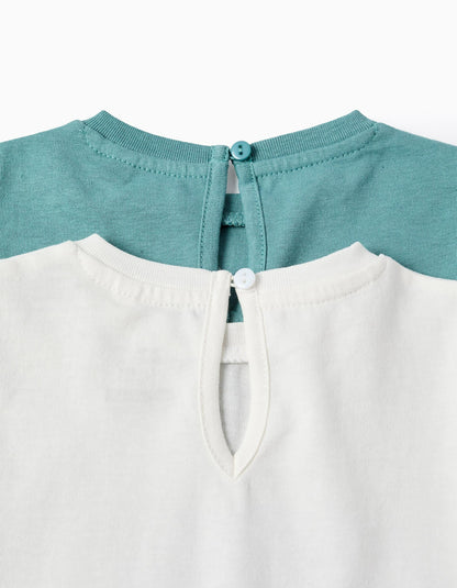Pack of 2 Long Sleeve T-shirts for Baby Girls, White/Turquoise