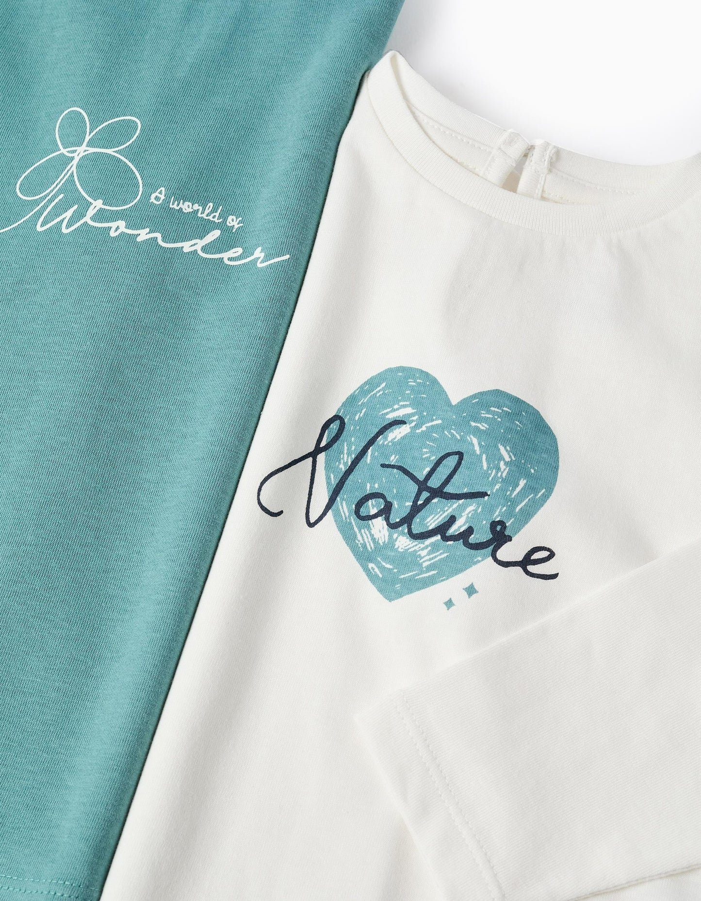 Pack of 2 Long Sleeve T-shirts for Baby Girls, White/Turquoise