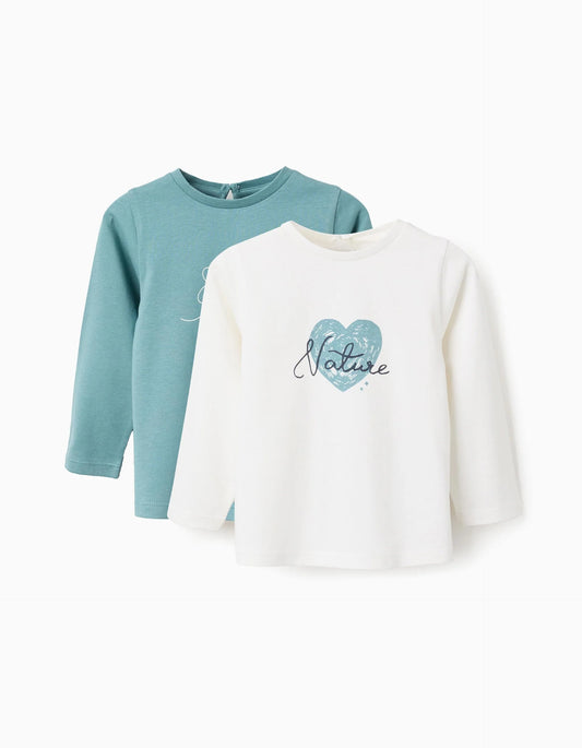 Pack of 2 Long Sleeve T-shirts for Baby Girls, White/Turquoise