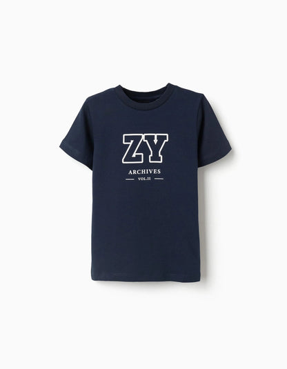 Cotton T-shirt with ZY Front Print for Boys, Dark Blue