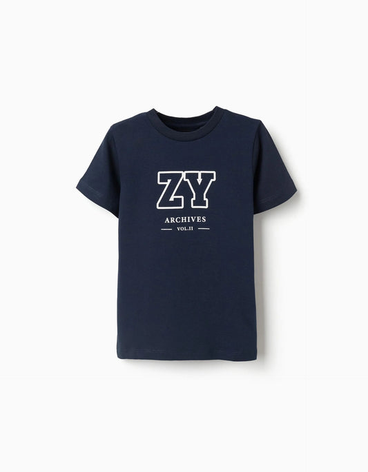 Cotton T-shirt with ZY Front Print for Boys, Dark Blue