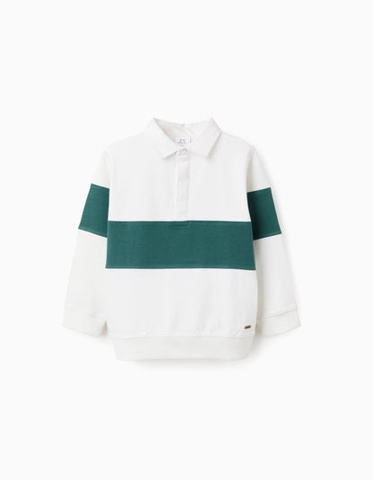 Cotton Polo Sweatshirt for Boys, White/Green